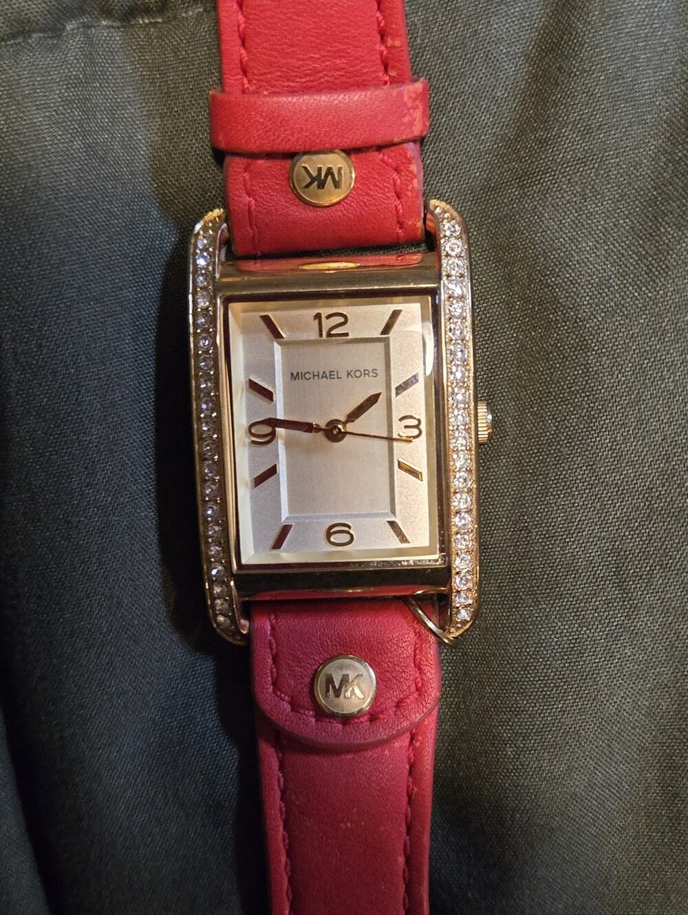 Michael Kors Gold Crystal-Trim Rectangular Watch with Red Leather Strap